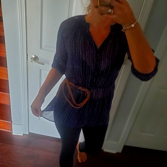 BLUE PURPLE FLOWERS BELTED TUNIC - Picture 2 of 9